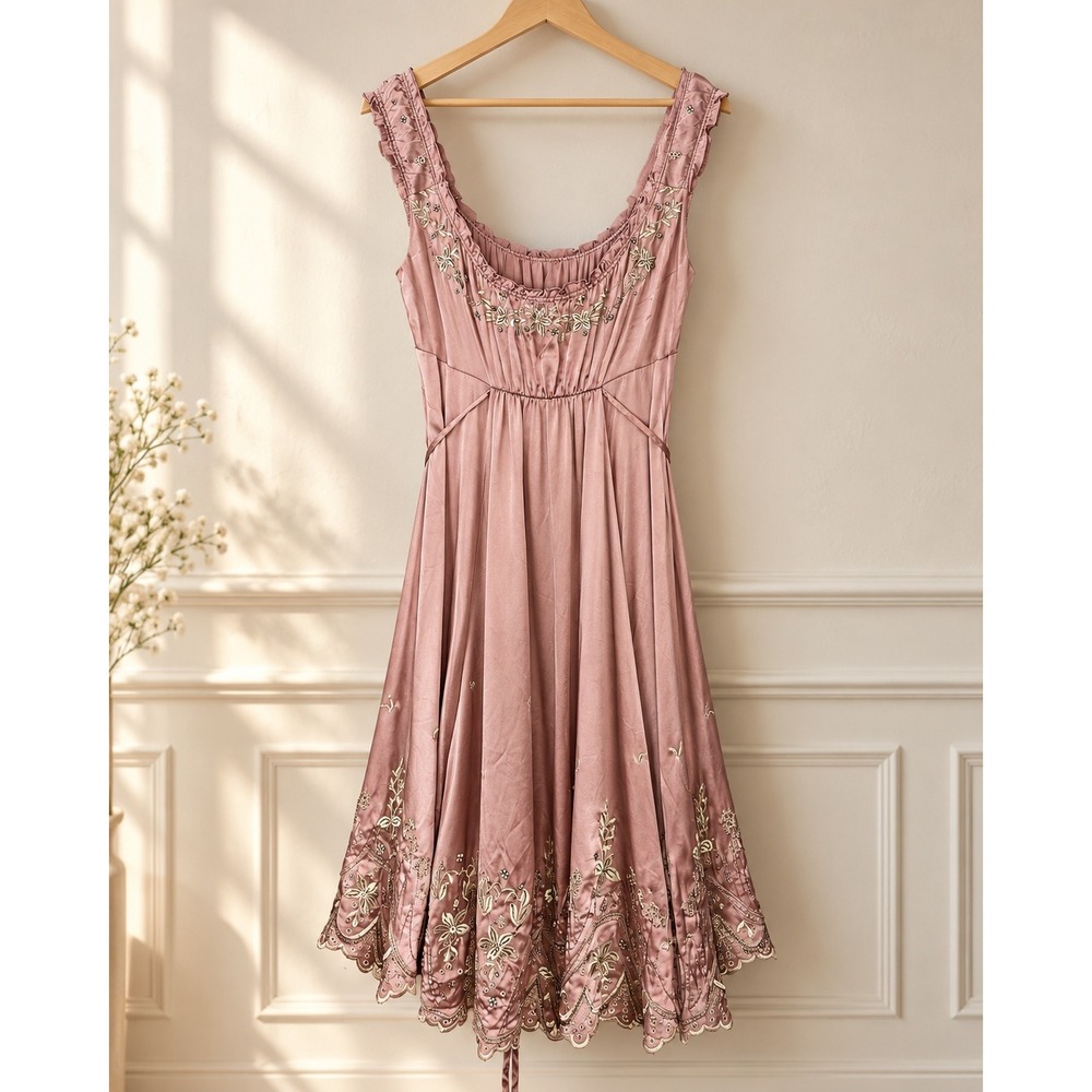 Elie Tahari Silk Embroidered Beaded Dusty Rose Dress 4 Romantic Fairycore Y2K